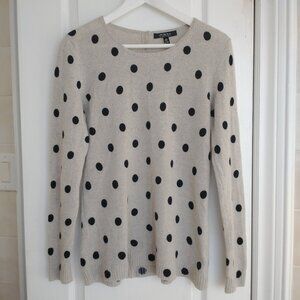 Saks Fifth Avenue 100% Cashmere Sweater Large Light Gray Black Polka Dots